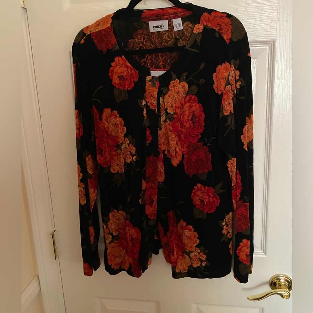 Chico’s Travelers floral jacket Size 3.  Black with coral peonies.